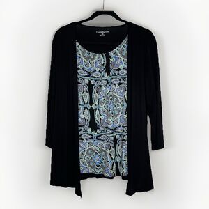 Croft & Barrow Women’s Cardigan With Attached Blouse XL Black Blue White Relaxed